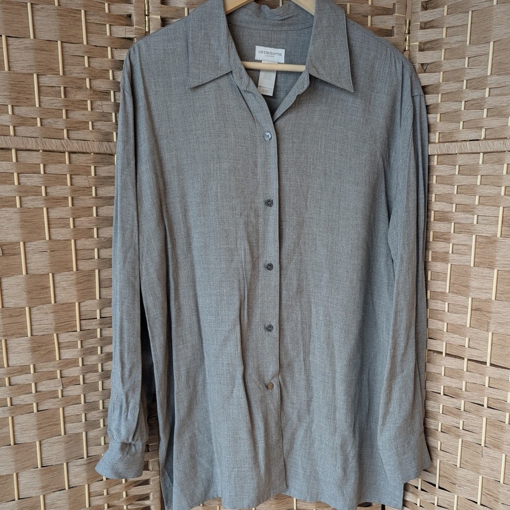 Vtg 90s Liz‎ Claiborne Grey Rayon Button Up Long Sleeve Shirt Lagenlook Womens L
